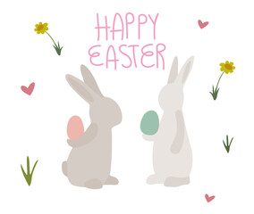 Flat vector illustration of Happy Easter wishes greeting, easter cute rabbit, easter eggs and spring flowers on a white background