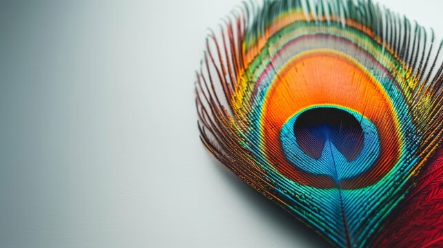 Macro shot of a peacock feather showing intricate details and vivid colors on a soft white gradient background.