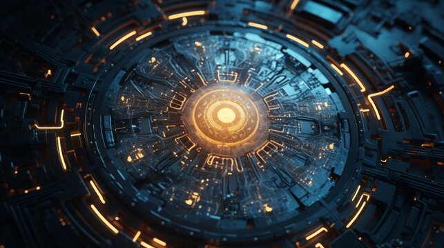 Generative AI Top-down view of a futuristic computerized brain, depicting circuits and nodes resembling a complex neural network.