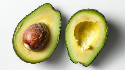 Two halves of a freshly cut avocado with a shiny pit, showing vibrant green flesh and textured skin on a white background. - obrazy, fototapety, plakaty