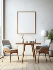 Mockup of an empty blank poster frame in a classic living room with striped wallpaper, a light armchair in vintage style, rendered in a photorealistic manner. home interior background mock up frame.