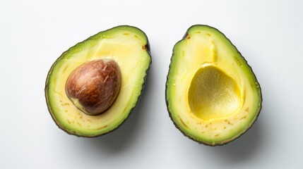 An open avocado with one half containing the pit and the other hollow, on a clean white surface. - obrazy, fototapety, plakaty