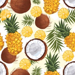 Naklejka premium A light and cheerful pattern with golden pineapples and creamy coconuts surrounded by tropical leaves on a soft background, perfect for a refreshing summer design.