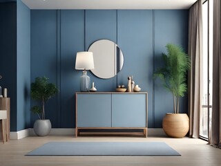 Photo blue wall entryway and modern cabinet in room - 3d rendering By Alim Graphic - obrazy, fototapety, plakaty