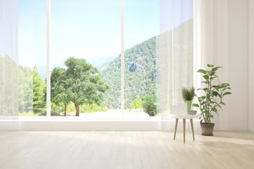 Foto auf Leinwand White empty room with summer landscape in window. Scandinavian interior design. 3D illustration © AntonSh