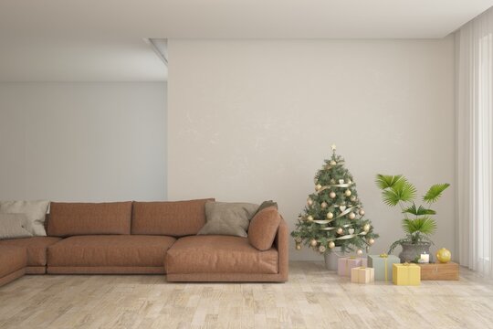 White living room with christmas tree and colorful sofa. Scandinavian interior design. 3D illustration