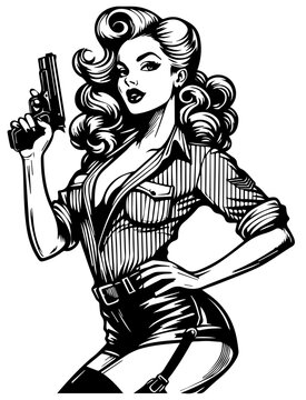 pin-up girl as a policewoman holding a gun vector illustration silhouette for laser cutting cnc, engraving, decorative clipart, black shape outline