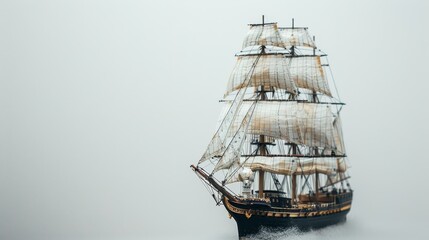 A meticulously detailed model of a tall ship with its sails unfurled, evoking the grandeur of maritime history.