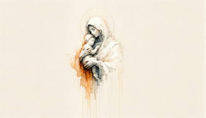 Motherhood. Mother Mary with baby Jesus in her arms, digital watercolor painting. Soft toned.