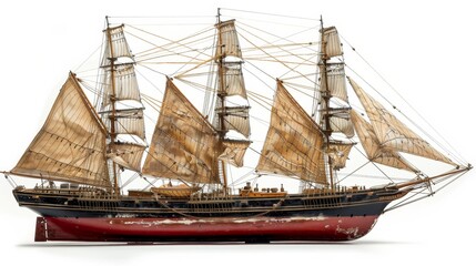 A detailed model of an antique sailing ship with weathered sails, isolated on a white background, representing maritime history.