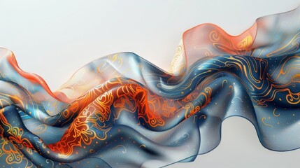 This exquisite silk scarf boasts a delicate flow of patterns, with vibrant swirls of orange and blue on a light, ethereal background.