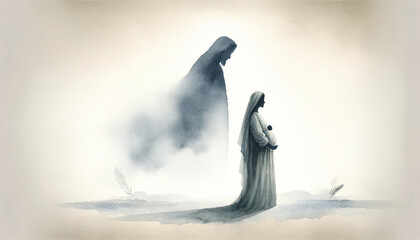 Motherhood. Blessed pregnant woman in the mist, with Jesus silhouette in the background. Digital watercolor illustration. - obrazy, fototapety, plakaty