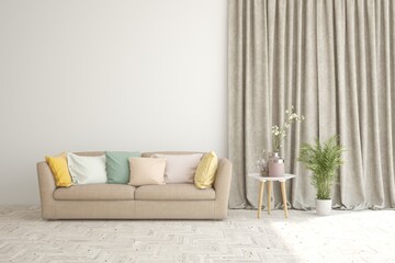 White modern interior design with sofa. Scandinavian interior design. 3D illustration