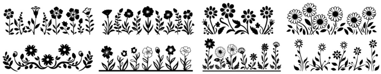 wildflowers plant decorations slavic floral motifs hand-drawn simple flower shapes black vector - obrazy, fototapety, plakaty