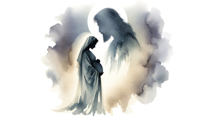 Motherhood. Silhouette of Jesus watching over a pregnant woman. Digital watercolor painting