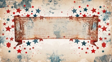 Antique paper scrolls and a festive display of red, white, and blue stars create a historical patriotic theme.