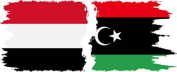 Libya and Yemen grunge flags connection vector