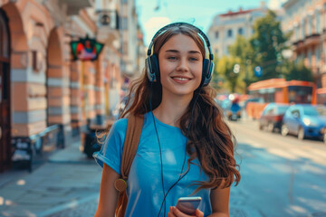 beautiful young woman in headphones. woman with headphones and phone in hand enjoys listening to music while walking around the city