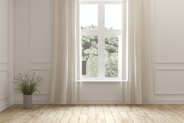 Fototapeta premium White empty room with summer landscape in window. Scandinavian interior design. 3D illustration