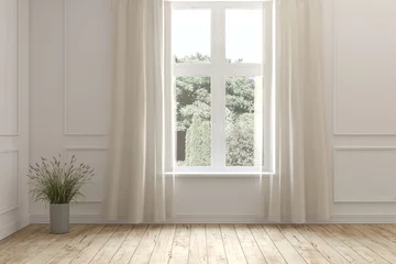Poster White empty room with summer landscape in window. Scandinavian interior design. 3D illustration © AntonSh