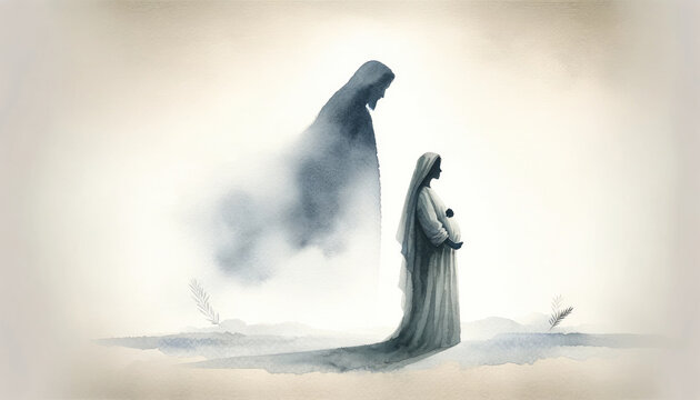 Motherhood. Blessed pregnant woman in the mist, with Jesus silhouette in the background. Digital watercolor illustration.