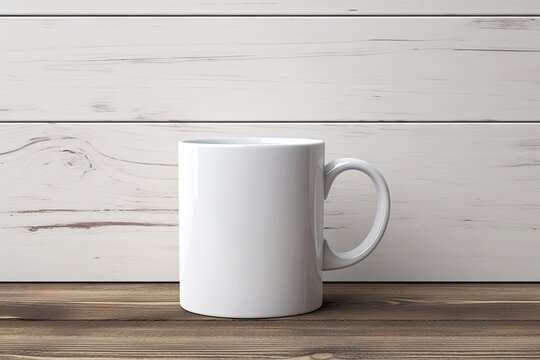 Plain white ceramic mug mockup on a white wooden background