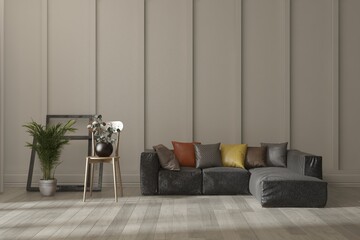 Atmospheric modern interior design with sofa. Scandinavian interior design. 3D illustration