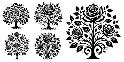 trees with blooming roses enchanting floral display black vector laser cutting engraving