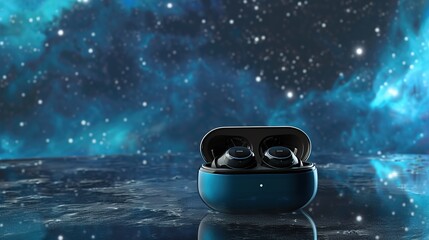 A modern wireless earbud design against a backdrop of cosmic teal, its compact form delivering high-fidelity audio and seamless connectivity, enhancing the auditory experience with style. - obrazy, fototapety, plakaty