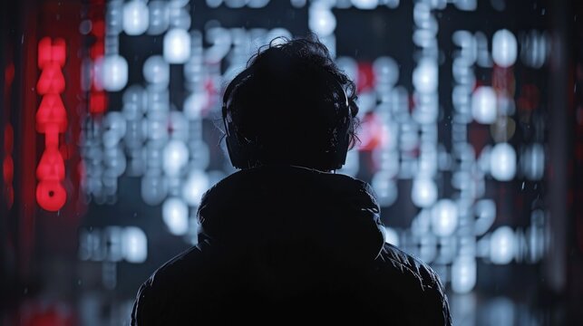 Minimal hacker silhouette, digital shadows