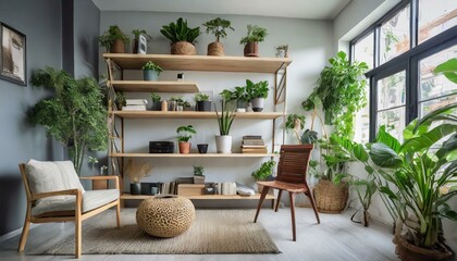 a series of lifestyle images portraying the frame shelves in different room settings, illustrating their functionality and decorative potential. Capture the shelves adorned with plants, books, and dec - obrazy, fototapety, plakaty
