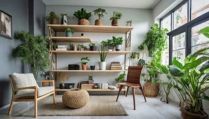 Foto op Canvas a series of lifestyle images portraying the frame shelves in different room settings, illustrating their functionality and decorative potential. Capture the shelves adorned with plants, books, and dec © Asad