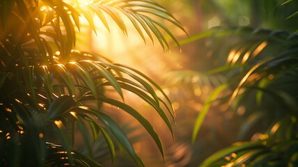 Sunlight peeking through palm leaves, offering a tranquil tropical morning