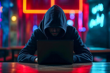 Scary Asian hacker sitting in a desk with a laptop wallpaper. 