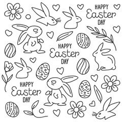 Hand-drawn doodle Easter Day with line eggs, bunny,leaves, heart, rabbit on white background. Vector illustration. Design for coloring book, greeting card, print.