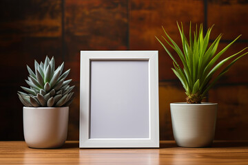 White blank photo frame mockup with plants interior background, 3D rendering