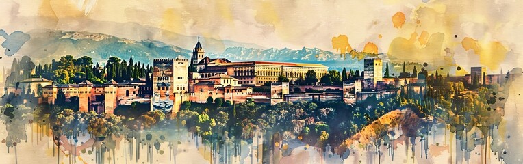 A painting of a city with a castle in the background. The painting is done in watercolor and has a...