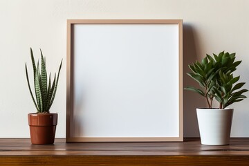 White blank photo frame mockup with plants interior background, 3D rendering
