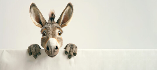 A donkey is looking at the camera and is peeking out from behind a white board. curious mood, as the donkey curious about what is happening behind the board. Funny donkey banner with copy spacing - obrazy, fototapety, plakaty