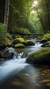 Forest Flow: Serene River, Cascading Waterfall, and Meandering Stream Amid Lush Greenery and Rocky Terrain