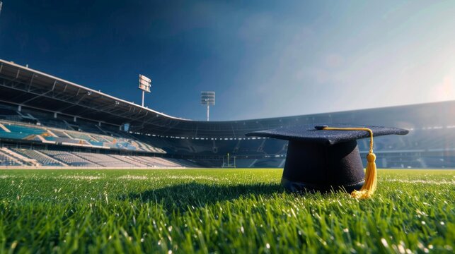 A graduation cap with a golden tassel rests on the lush green grass of a vast stadium field, representing graduates' readiness to enter a new phase of life with endless possibilities.
