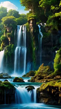 Enchanting Forest Waterfall: A picturesque cascade amidst lush greenery, rocks, and flowing streams, blending seamlessly with nature's beauty