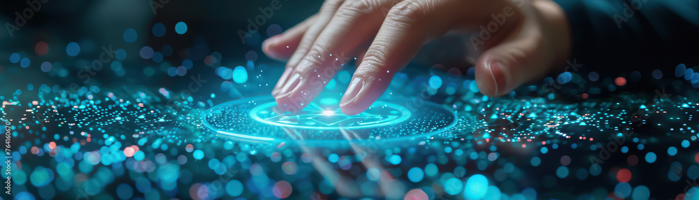 Poster a person interacts with a futuristic holographic interface, showcasing modern technology and connect