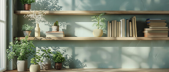 Elegant shelving unit adorned with books and potted plants, casting tranquil shadows in a sunny room