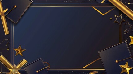 An elegant navy blue backdrop adorned with a golden graduation cap, stars, and sparkling foil accents evokes the grandeur of commencement celebrations.