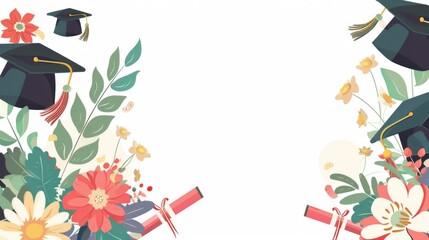A festive and floral-themed frame with graduation caps and diplomas, perfect for invitations or congratulatory messages.