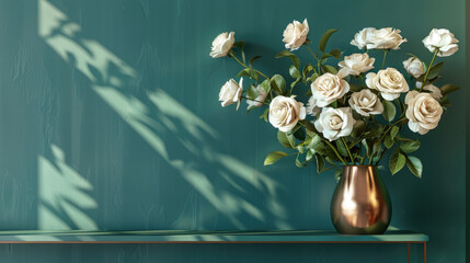 Shelf with bouquet of white roses in copper vase over dark green wall 3d rendering.