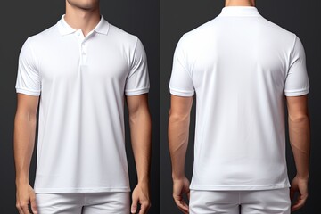 Realistic white polo shirts mockup front and back view design template isolated on dark background, 3d rendering