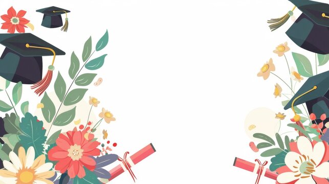 A festive and floral-themed frame with graduation caps and diplomas, perfect for invitations or congratulatory messages. - Powered by Adobe