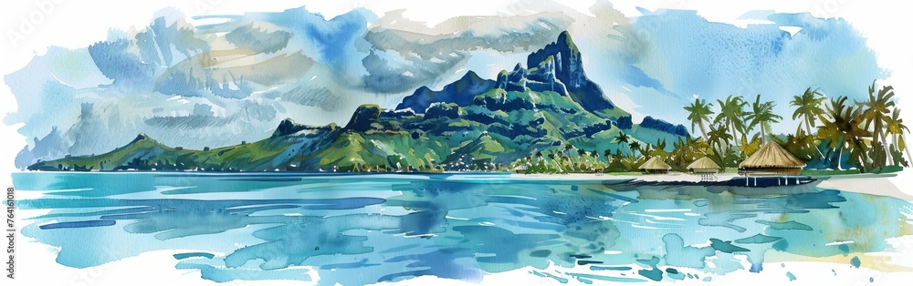 Aufkleber a beautiful painting of a tropical island with palm trees and a mountain in the background. the wate